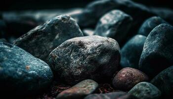 Organic pebble heap, wet and rough outdoors generated by AI photo