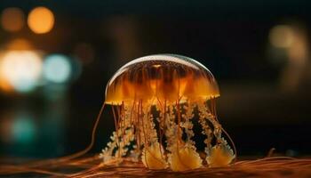 Glowing medusa swims in dark saltwater reef generated by AI photo