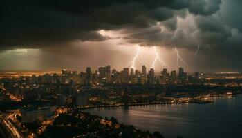 Electricity illuminates city skyline during thunderstorm night generated by AI photo