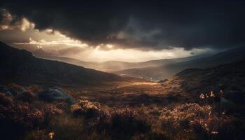 Majestic mountain range at dusk, tranquil scene generated by AI photo