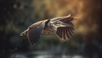 Spread wings, egret fishing, tranquil sunset pond generated by AI photo