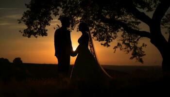 un puesta de sol boda, dos corazones volverse uno generado por ai foto