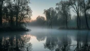 Tranquil scene of foggy forest at dawn generated by AI photo