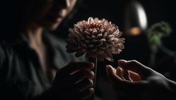 Young woman holding single flower, smiling outdoors generated by AI photo