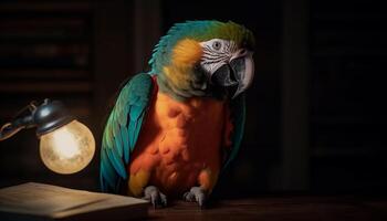 Vibrant macaw perching on branch, close up portrait generated by AI photo