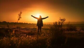 Silhouette of one person enjoying nature beauty generated by AI photo