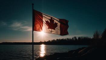 Canadian flag waves in majestic mountain landscape generated by AI photo