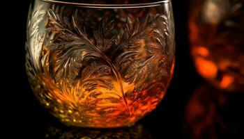 Luxury whiskey glass reflects gold colored celebration drop generated by AI photo