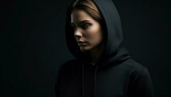 Hooded beauty in dark clothing exudes mystery generated by AI photo