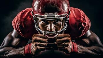 Muscular football player in helmet shows determination generated by AI photo