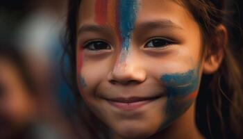 sonriente niña con cara pintar disfruta al aire libre generado por ai foto