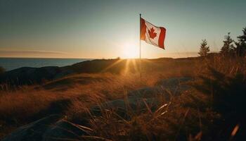 Majestic Canadian landscape, waving flag in silhouette generated by AI photo