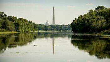 tranquilo reflexión de famoso Monumento en estanque generado por ai foto