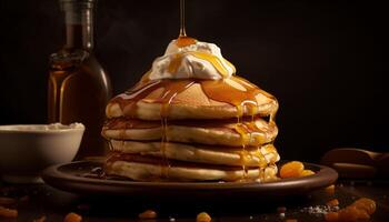 Stack of homemade pancakes with chocolate syrup generated by AI photo