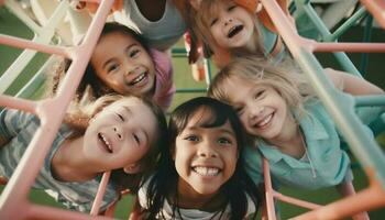 un grupo de alegre niños jugando al aire libre generado por ai foto