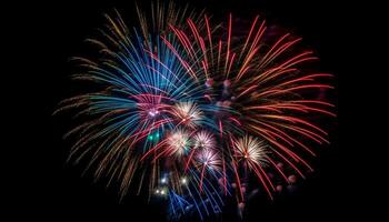 Vibrant colors illuminate exploding firework celebration event generated by AI photo