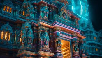 Illuminated architecture of famous Hindu temple at night generated by AI photo