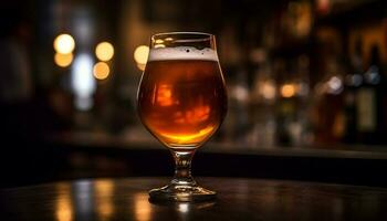 Frothy beer in yellow pint glass, bar counter generated by AI photo