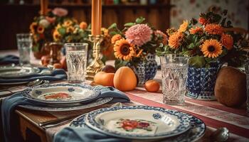 rústico elegancia un multi de colores arreglo en un florido plato generado por ai foto