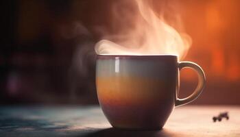 Hot coffee steam rises from dark mug on wooden table generated by AI photo