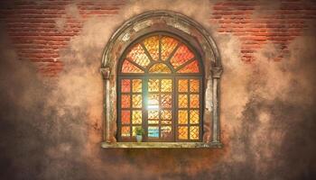 medieval capilla con manchado vaso arcos iluminado por multi de colores ligero generado por ai foto