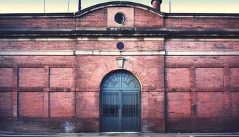 Old brick building with Christian door in modern cityscape background generated by AI photo