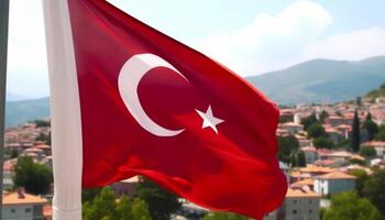 Turkish flag waves proudly over majestic cityscape, symbolizing patriotism generated by AI photo