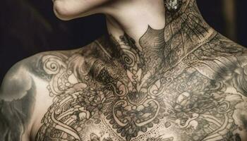 Individuality and sensuality adorn the young woman naked skin tattoo generated by AI photo