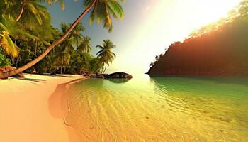 idílico tropical línea costera palma árboles, arena, y turquesa aguas generado por ai foto