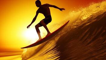 Silhouette of athlete surfing wave at sunset, extreme sport adventure generated by AI photo