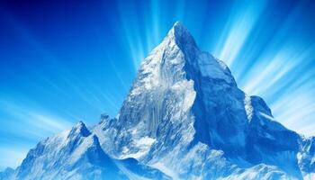 Majestic mountain peak in panoramic winter landscape, extreme terrain adventure generated by AI photo