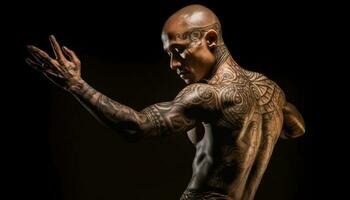 Muscular man with tattoo embodies masculinity and spirituality indoors generated by AI photo