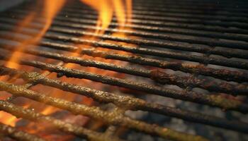 Glowing rusty metal grate burning coal for summer barbecue cooking generated by AI photo