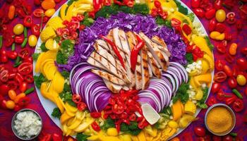 Multi colored taco plate with vegetarian food and guacamole decoration generated by AI photo