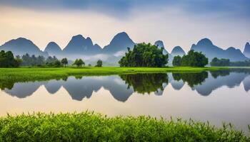 Tranquil scene of mountain range, forest, and reflection on water generated by AI photo