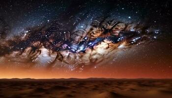 Glowing star trail illuminates majestic Milky Way galaxy landscape generated by AI photo