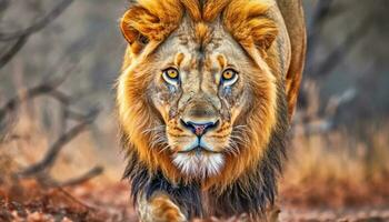 Big cat in Africa, lion, roaming outdoors with undomesticated feline generated by AI photo