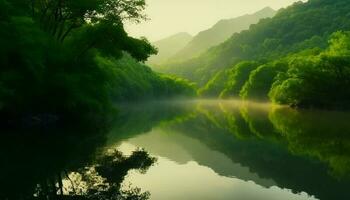 tranquilo escena de montaña reflexión en estanque, rodeado por bosque generado por ai foto