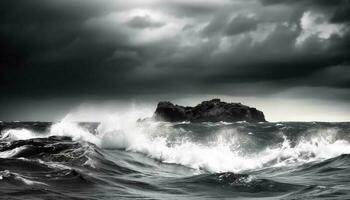 Dramatic black and white seascape breaking waves, ominous storm cloud generated by AI photo