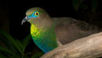 Perching hawk in vibrant forest, endangered species soaring with freedom generated by AI photo