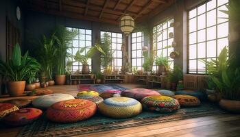 Modern home interior design with indigenous cultures and nature decor generated by AI photo