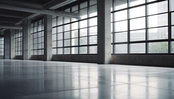 Modern office with bright reflection, empty of people and abstract patterns generated by AI photo