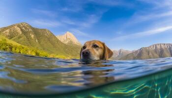 Golden retriever swims in tranquil mountain lake, enjoying summer vacation generated by AI photo