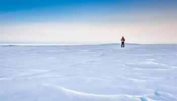 One person standing on frozen blue ice, ice skating in solitude generated by AI photo