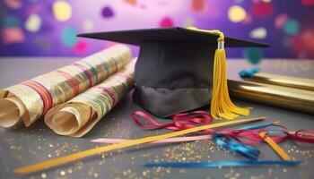 Back to school celebration diploma, cap, and vibrant colors generated by AI photo