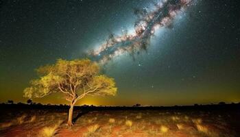 Glowing star trail illuminates Milky Way galaxy in nature landscape generated by AI photo