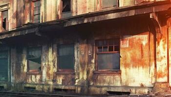 Abandoned factory, rusty steel, broken window, spooky night, dangerous ghetto generated by AI photo