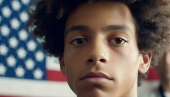 Cute mixed race boy with curly hair smiles at American flag generated by AI photo