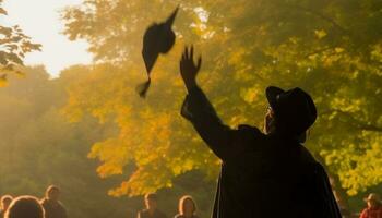 otoño puesta de sol trae felicidad, lanzamiento hojas en celebracion de naturaleza generado por ai foto