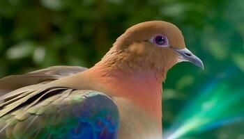 Multi colored bird perched on branch, eyeing tranquil water below generated by AI photo